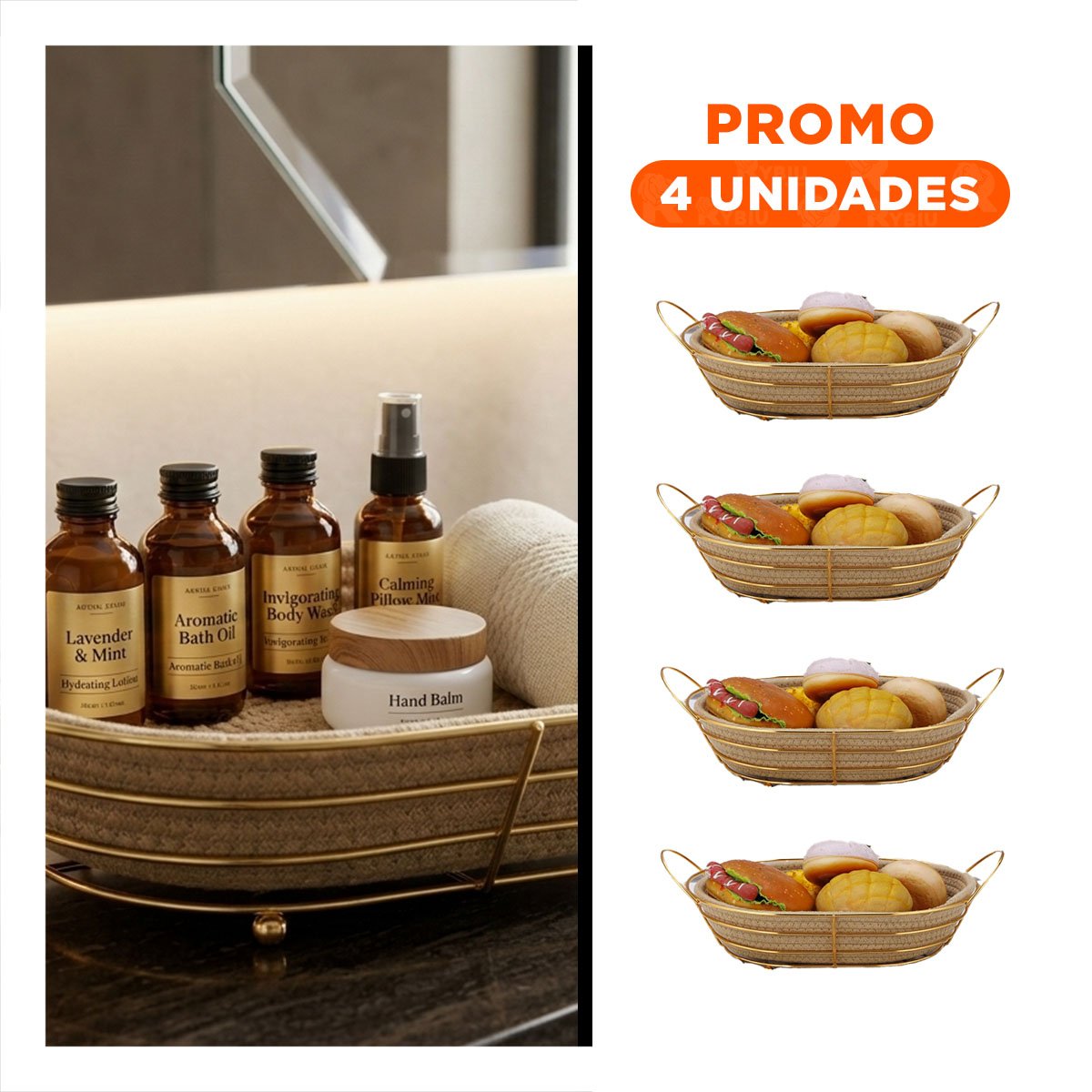 PACK4 BANDEJA OVALADA METAL Y MIMBRE DORADO ORGANIZADOR DE COCINA - 1