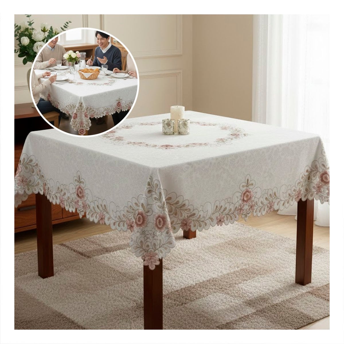PACK12 CUBREMESA BORDE BORDADO CREMA FLORES Y HOJAS 350X180CM PARA COMEDOR Y+REGALO STICKER - 3
