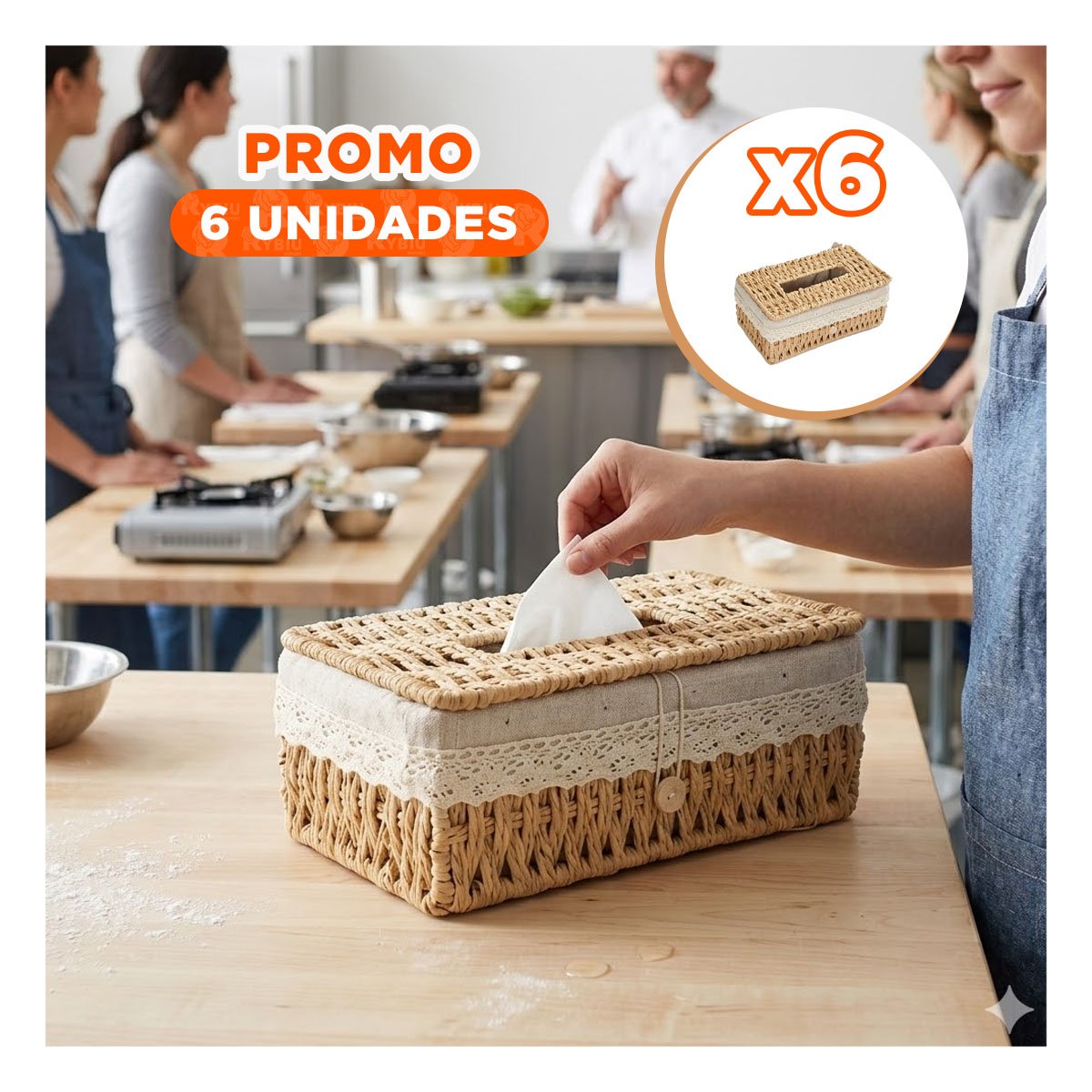 PACK6 ORGANIZADOR SERVILLETAS TEJIDO BEIGE CON FORRO TELA 20X14X9CM Y+PAPEL REGALO - 1
