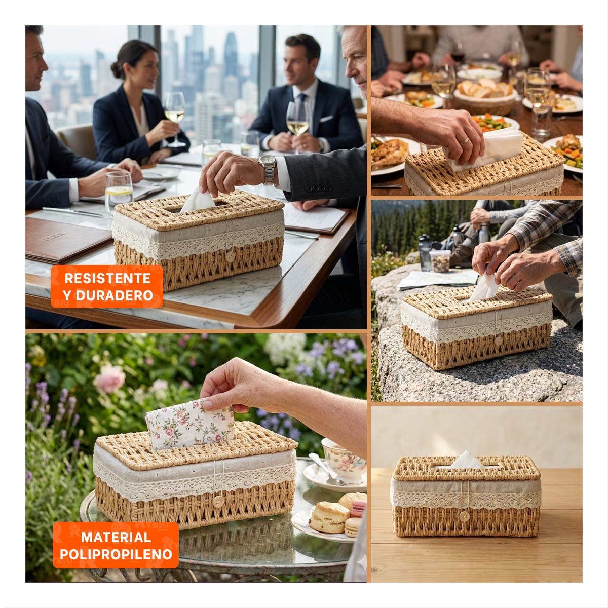 PACK6 ORGANIZADOR SERVILLETAS TEJIDO BEIGE CON FORRO TELA 20X14X9CM Y+PAPEL REGALO - 3