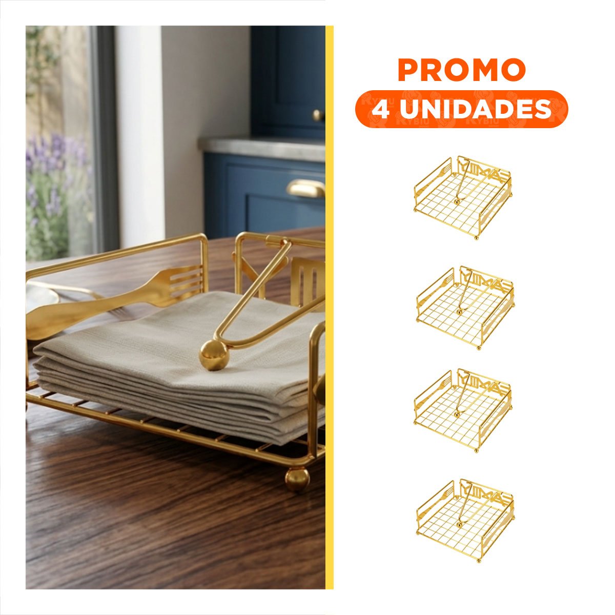PACK4 PORTA SERVILLETAS DORADO CON BRAZO ORGANIZADOR DE MESA COMEDOR - 1