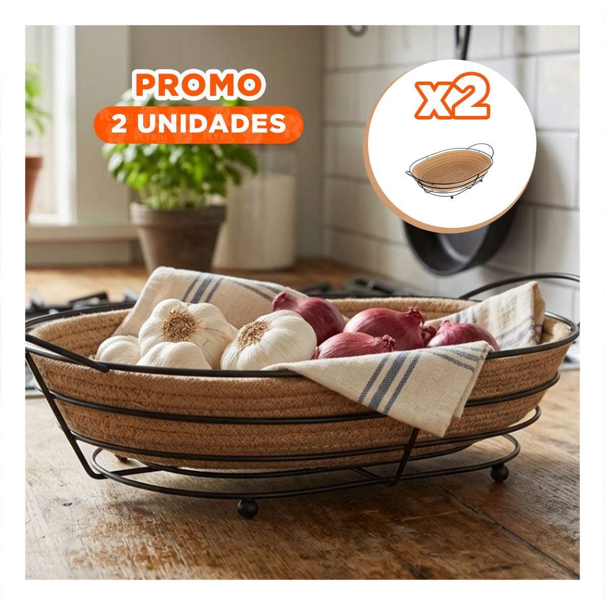 PACK2 BANDEJA OVALADA METAL Y MIMBRE NEGRO ORGANIZADOR DE COCINA - 1
