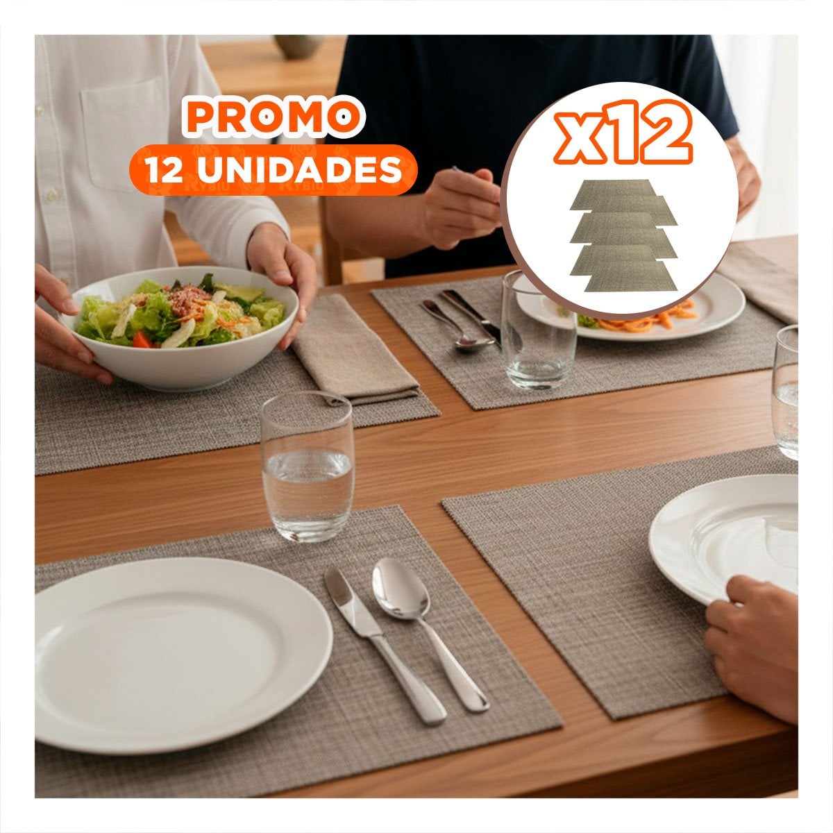 PACK12 JUEGO 6 INDIVIDUAL RECTANGULAR 30X45CM JASPEADO MARRON PARA COCINA Y+REGALO STICKER - 1