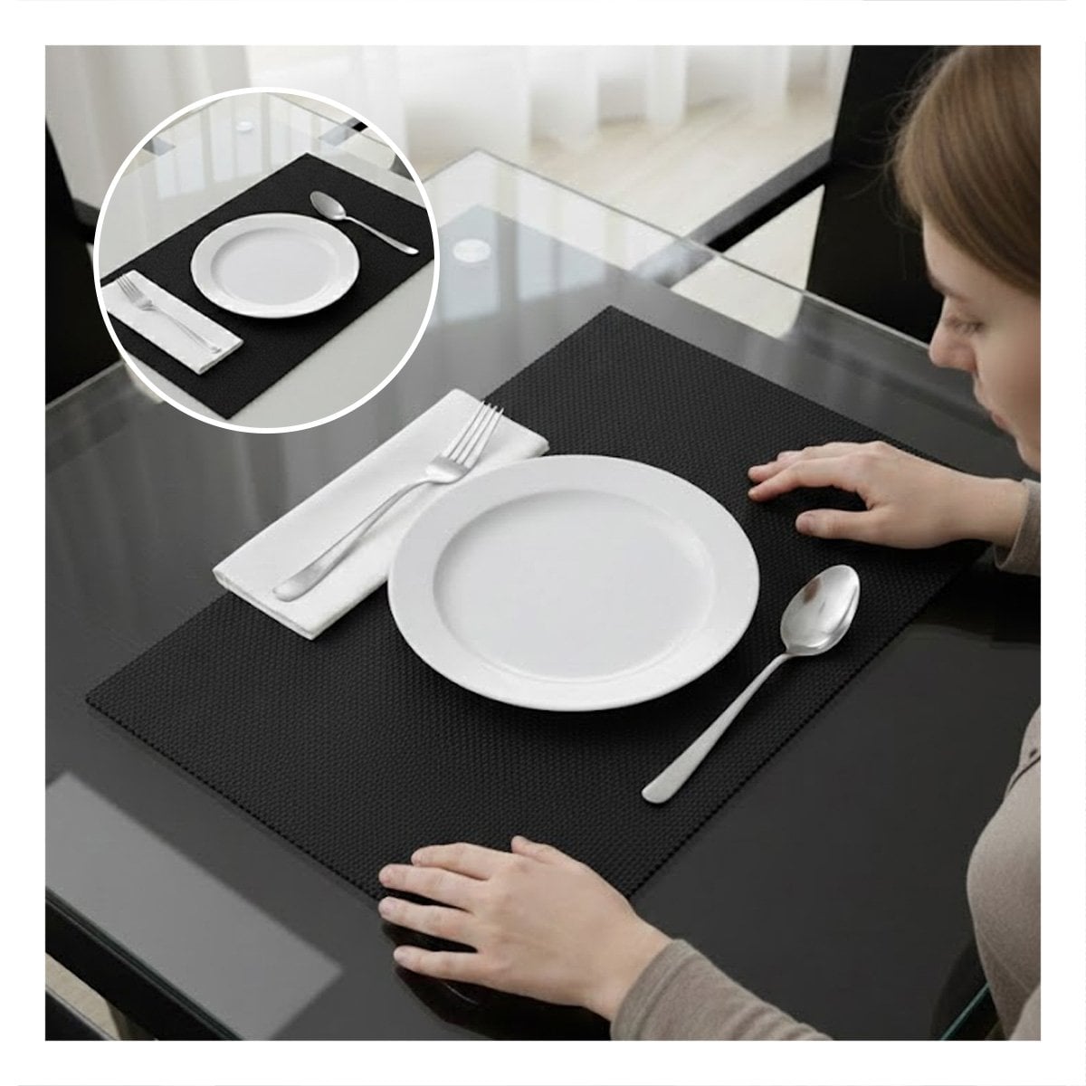 SET 6 INDIVIDUALES RECTANGULARES LISO NEGRO 30X45CM PARA MESA Y COMEDOR - 1