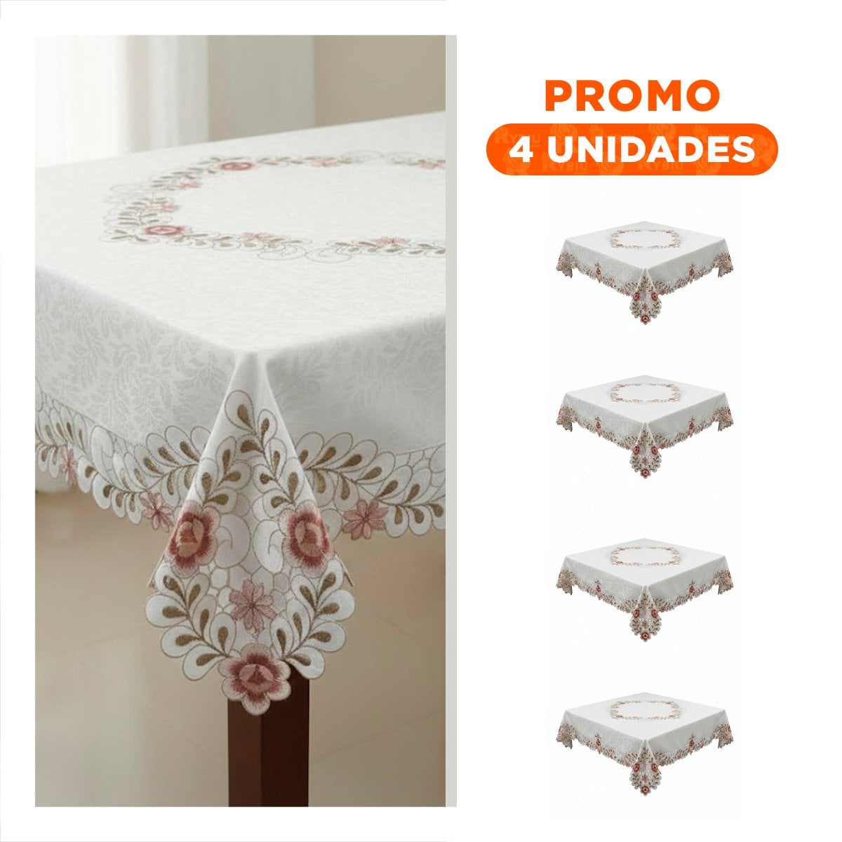 PACK4 LIENZO DE MESA CON FLORES Y HOJAS BORDE BORDADO CREMA 350X180CM PARA EVENTOS - 1