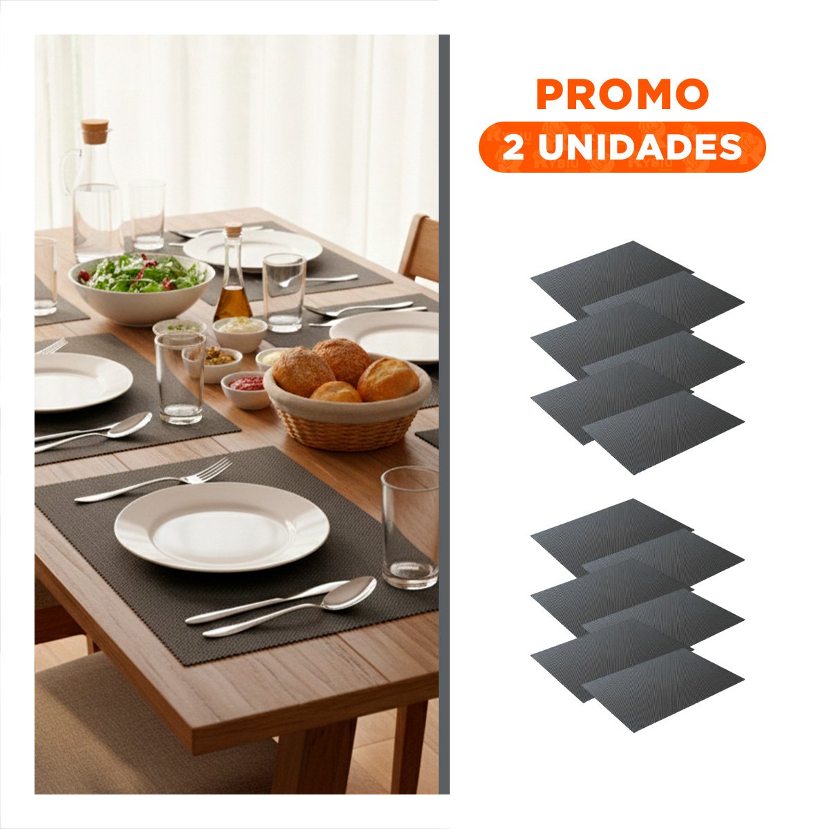 PACK2 KIT 6 INDIVIDUAL PLOMO OSCURO RECTANGULAR LISO 30X45CM PARA MESA Y+REGALO STICKER - 1