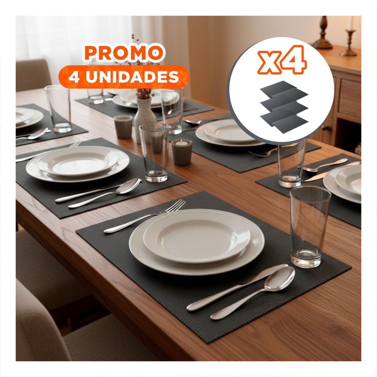 PACK4 SET 6 INDIVIDUAL RECTANGULAR LISO 30X45CM PLOMO OSCURO PARA MESA Y+REGALO STICKER - 1