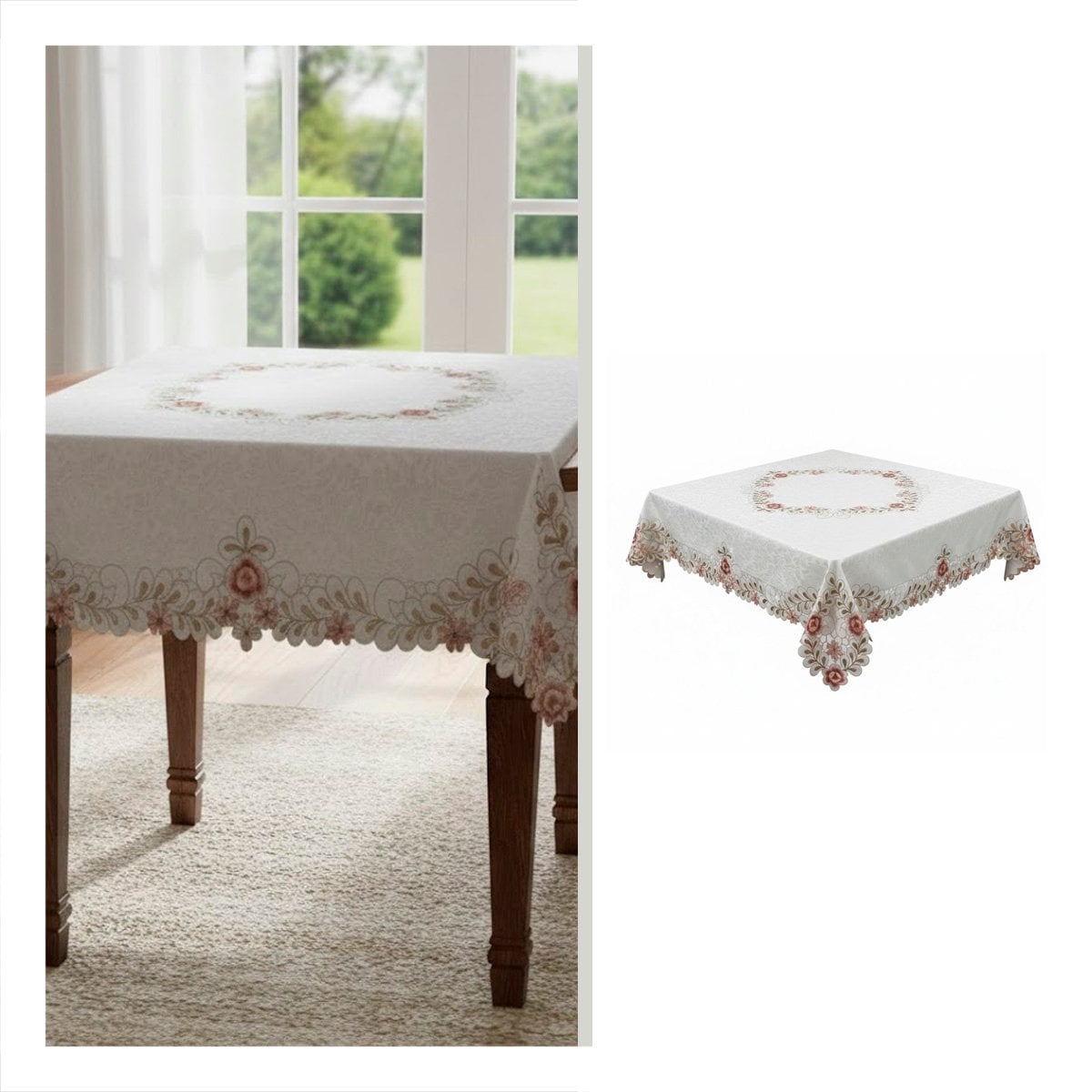 CUBREMESA CON BORDE BORDADO FLORES Y HOJAS CREMA 350X180CM PARA COMEDOR Y+PAPEL REGALO - 5