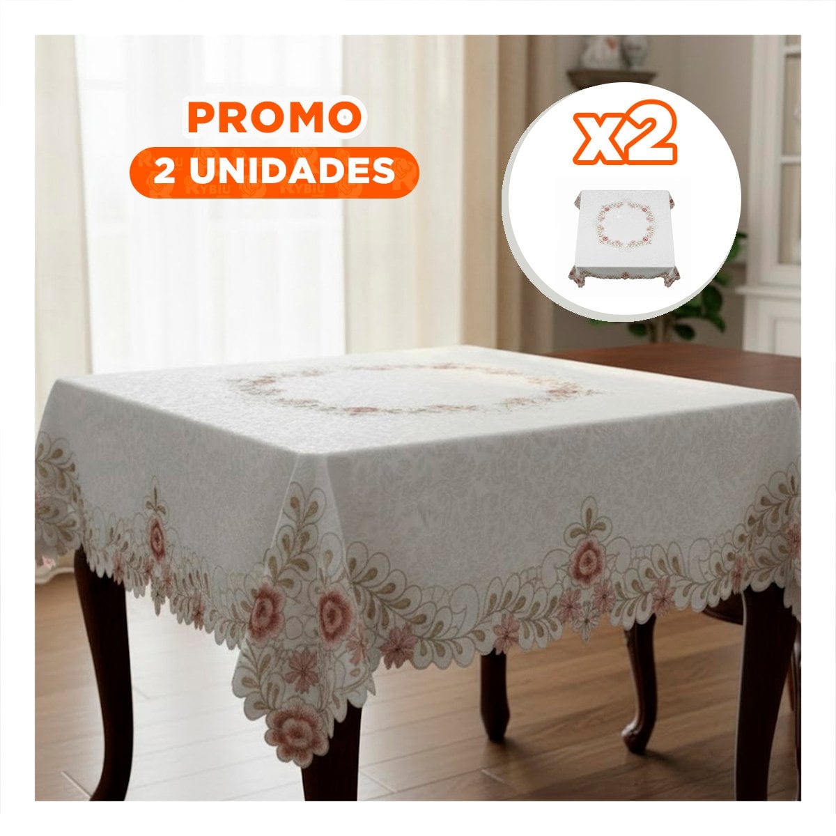 PACK2 CUBREMESA CON FLORES Y HOJAS BORDE BORDADO CREMA 350X180CM PARA COMEDOR Y+PAPEL REGALO - 1
