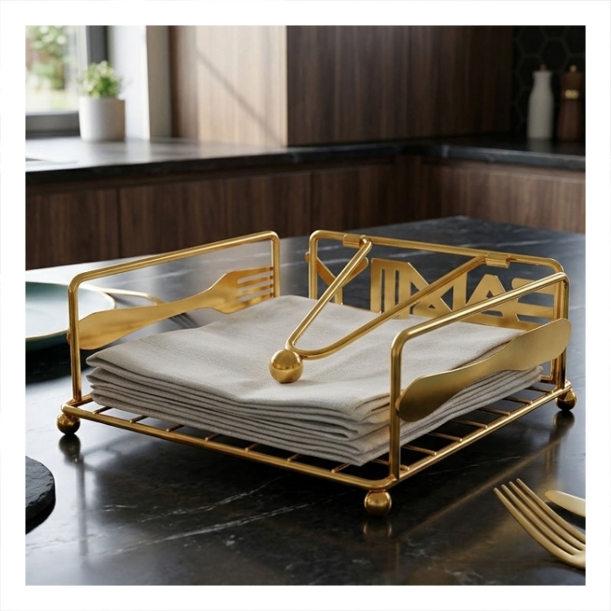 PACK12 DISPENSADOR SERVILLETAS METAL DORADO CON BRAZO PARA COCINA Y MESA - 3