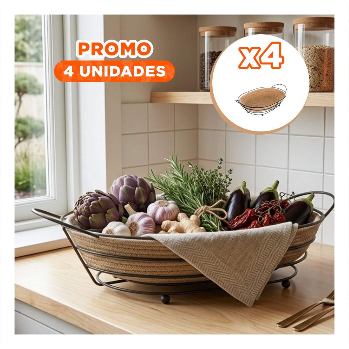PACK4 BANDEJA OVALADA CON MIMBRE Y MARCO METAL NEGRO ORGANIZADOR Y+REGALO STICKER - 1