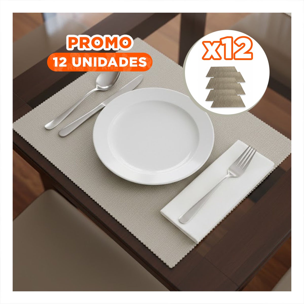 PACK12 JUEGO 6 INDIVIDUAL BEIGE RECTANGULAR LISO 30X45CM PARA COCINA Y HOGAR Y+REGALO STICKER - 1