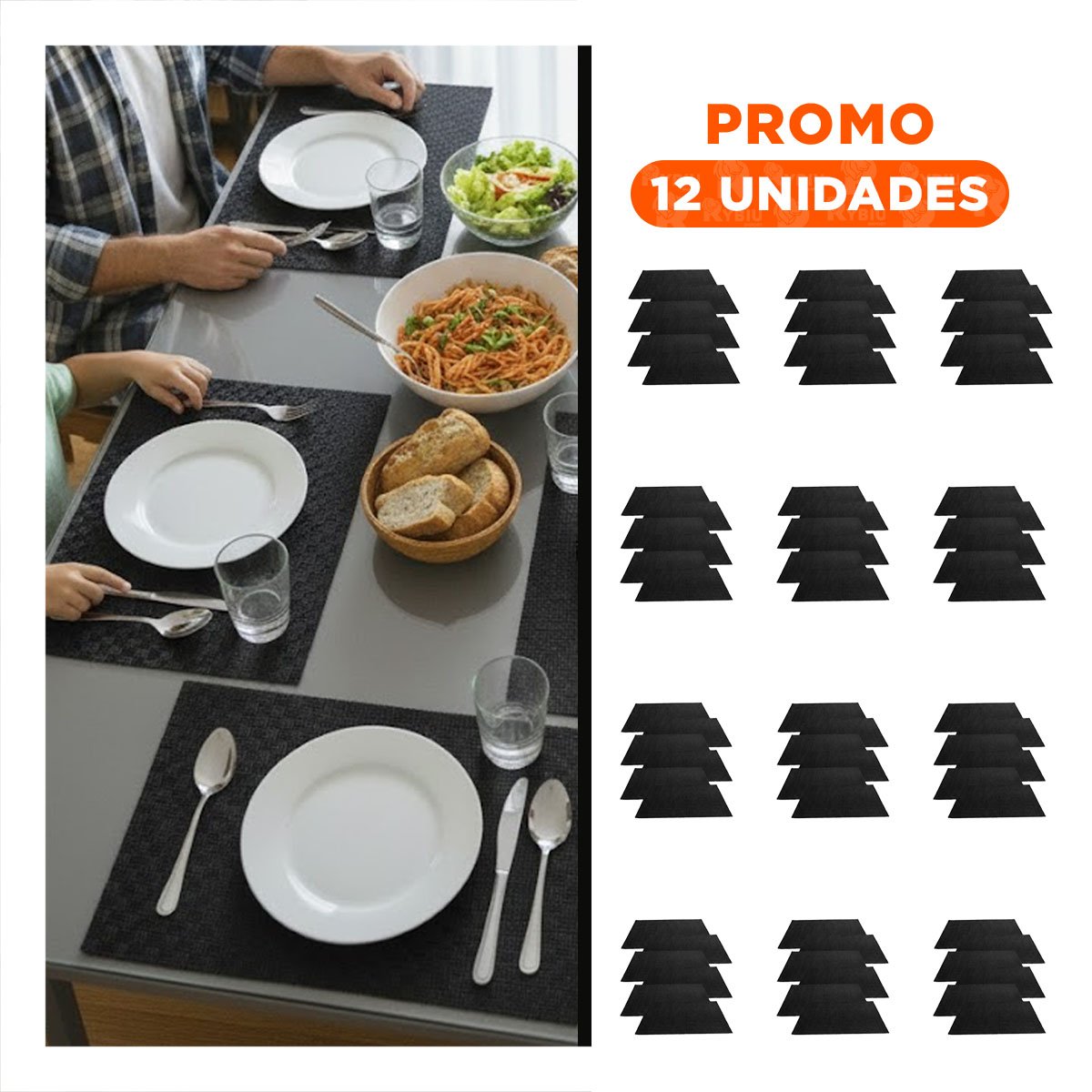 PACK12 COLECCION 6 INDIVIDUAL RECTANGULAR LISO 30X45CM NEGRO PARA COCINA - 1