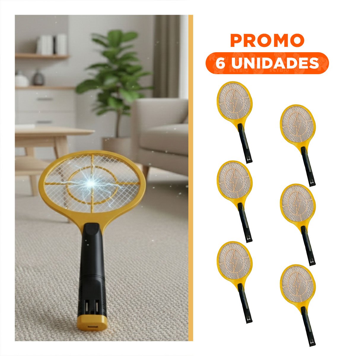 PACK6 RAQUETA ANARANJADO ELECTRICA MANGO NEGRO ELIMINACION MOSQUITOS Y+REGALO STICKER - 1