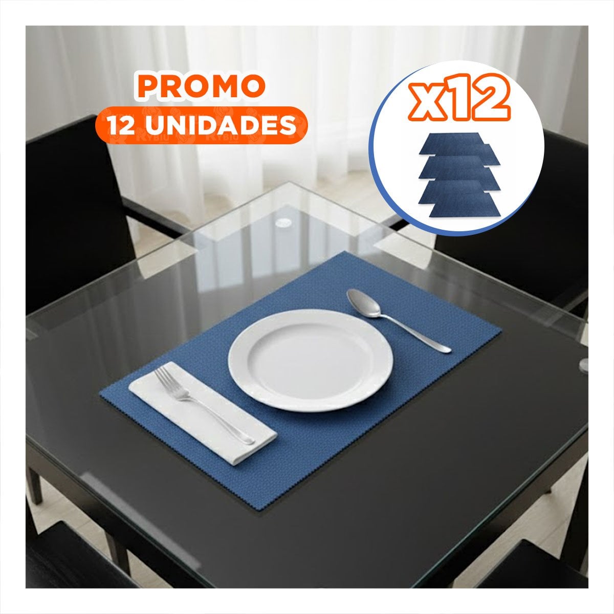 PACK12 SET 6 INDIVIDUAL AZUL RECTANGULAR LISO 30X45CM PARA MESA Y COMEDOR Y+PAPEL REGALO - 1