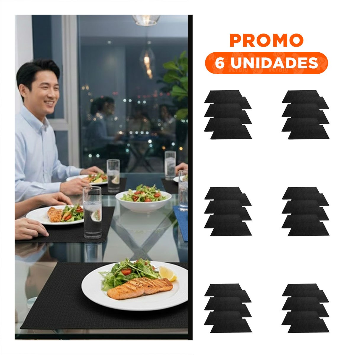 PACK6 PACK 6 INDIVIDUAL RECTANGULAR LISO 30X45CM NEGRO PARA COMEDOR DIARIO Y+REGALO STICKER - 1