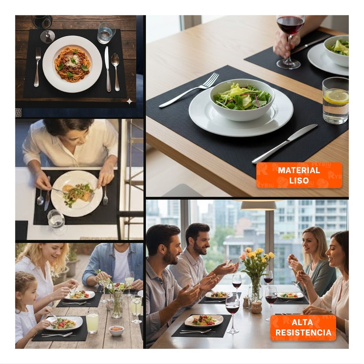 COLECCION 6 INDIVIDUALES RECTANGULARES LISO NEGRO 30X45CM PARA COCINA Y+POST IT - 2