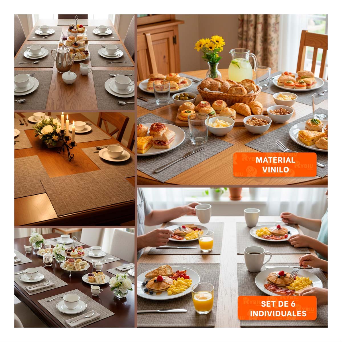 PACK4 SET 6 INDIVIDUAL RECTANGULAR JASPEADO 30X45CM MARRON PARA MESA Y COMEDOR Y+REGALO STICKER - 2