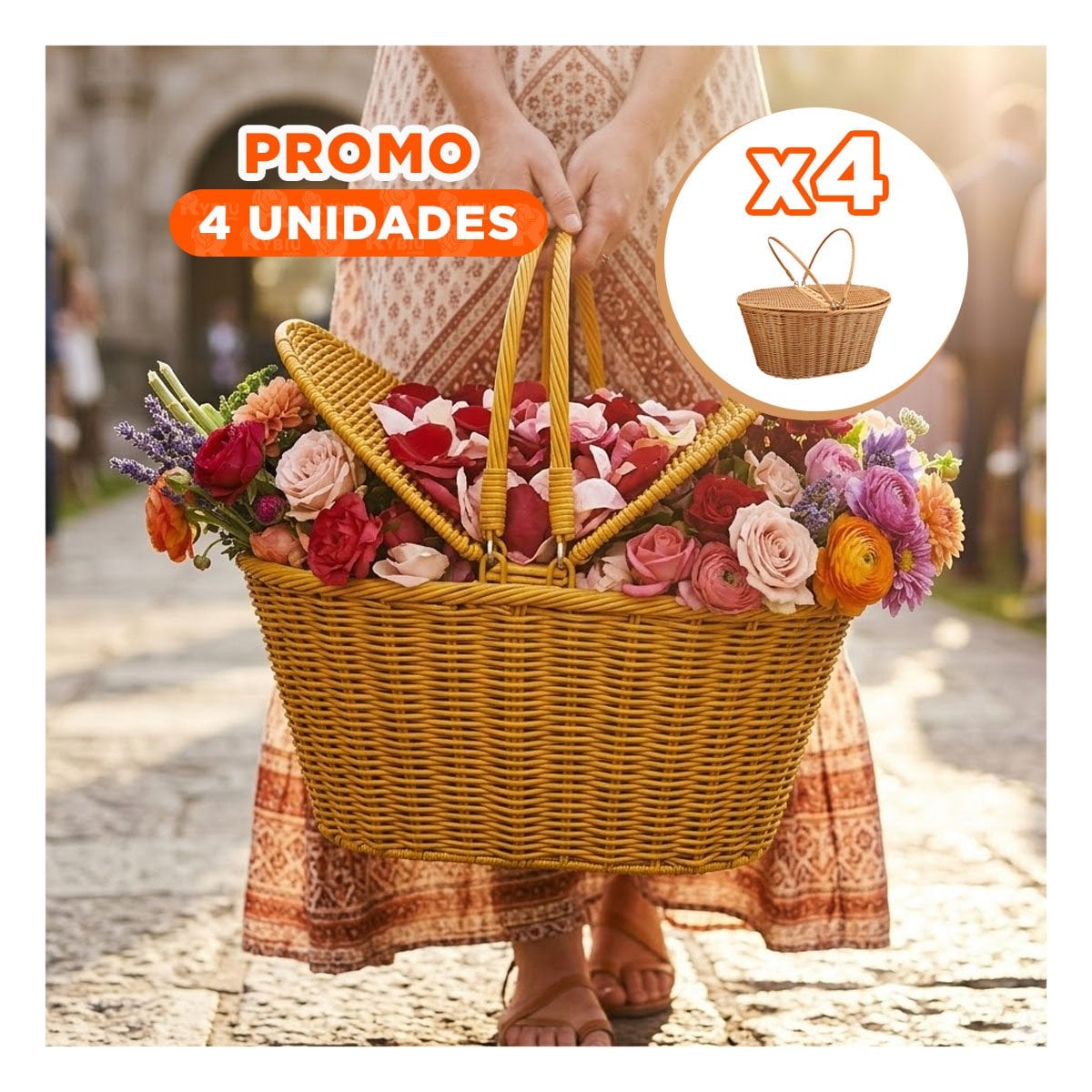 PACK4 CANASTA TEJIDA CON TAPAS Y DOBLE ASAS MOSTAZA 42X26X17CM ORGANIZADOR Y+REGALO STICKER - 1