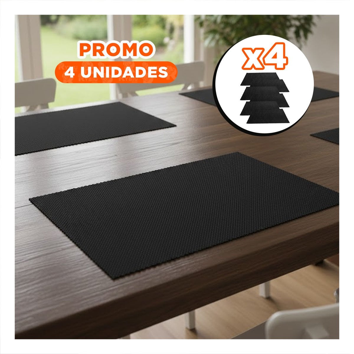 PACK4 SET 6 INDIVIDUAL RECTANGULAR LISO 30X45CM NEGRO PARA MESA Y COMEDOR Y+REGALO STICKER - 1