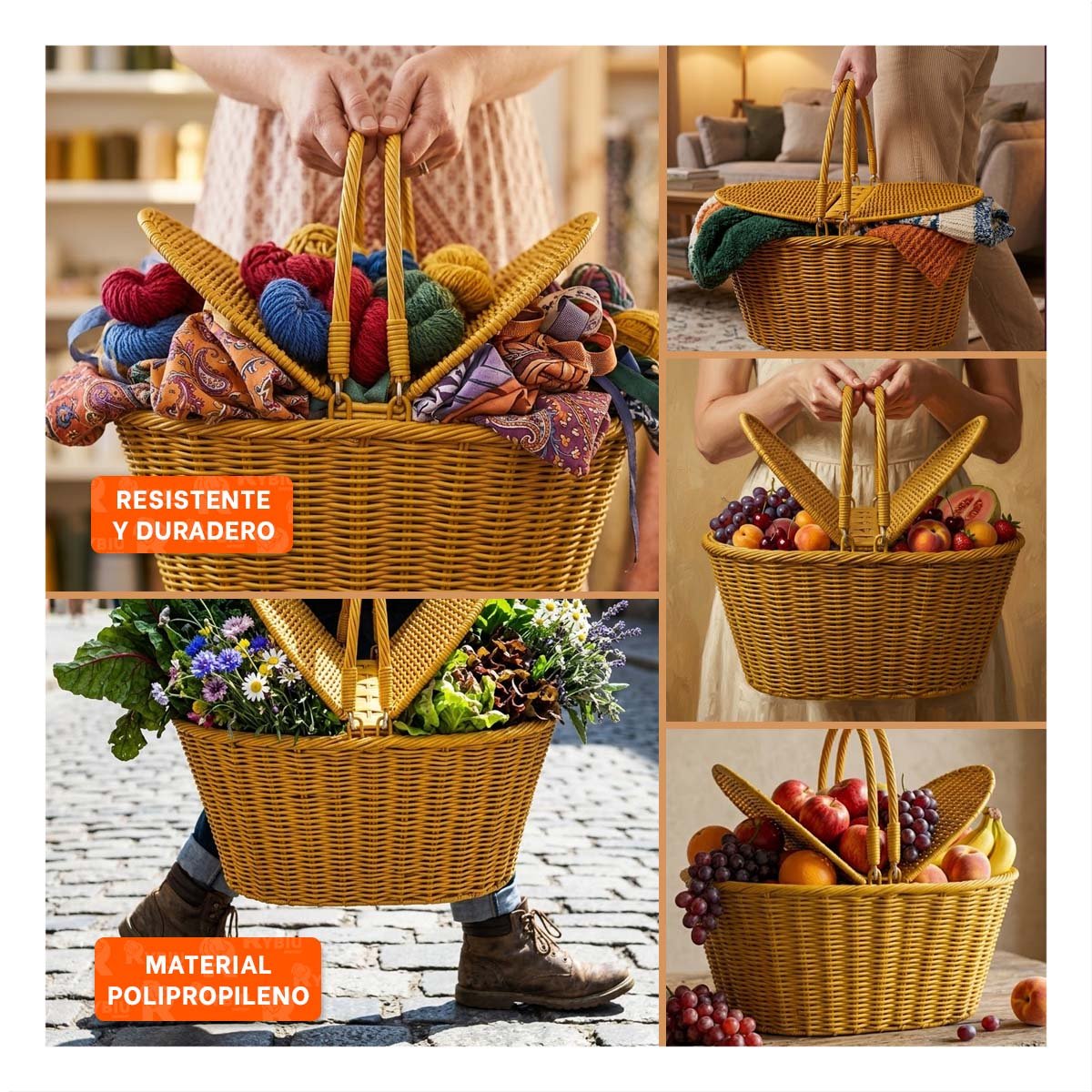 PACK2 CESTA TEJIDA MOSTAZA CON DOBLE ASAS Y TAPAS 42X26X17CM ALMACEN HOGAR Y+PAPEL REGALO - 3