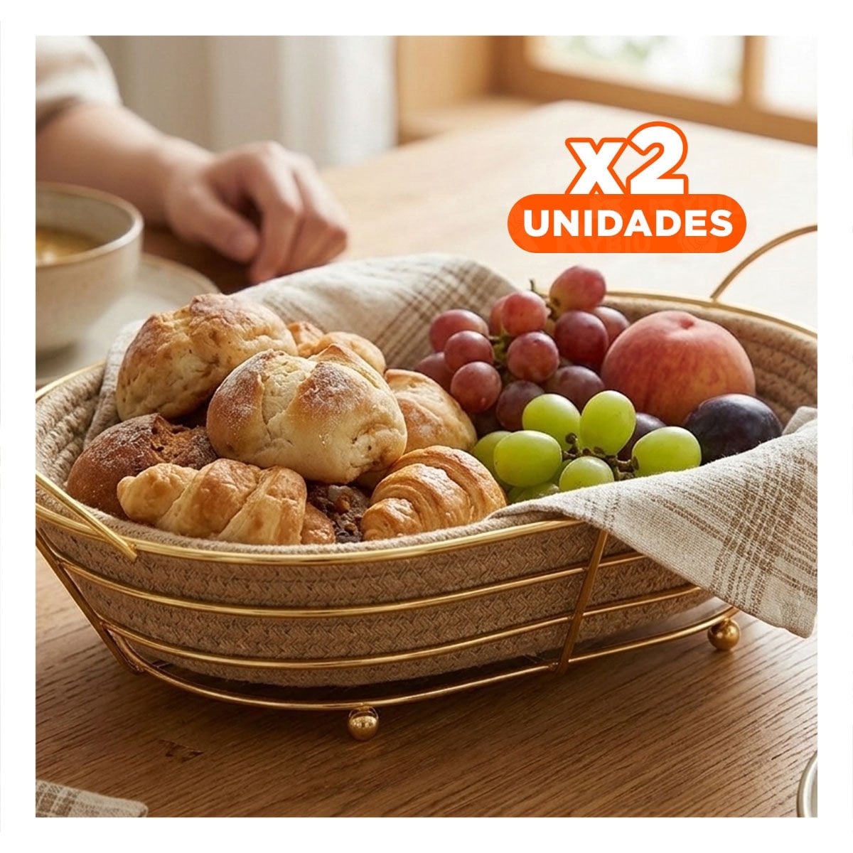PACK2 CANASTA OVALADA METAL Y MIMBRE DORADO ORGANIZADOR DE FRUTAS - 1