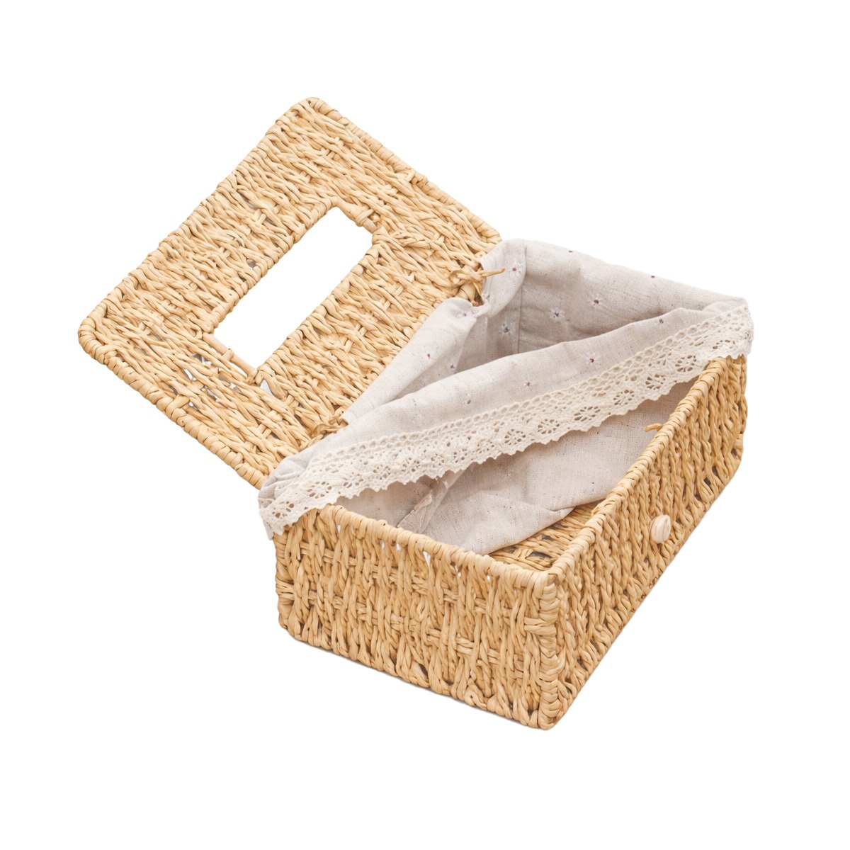 DISPENSADOR SERVILLETAS CANASTA TEJIDA CON FORRO TELA BEIGE 20X14X9CM Y+REGALO STICKER - 1