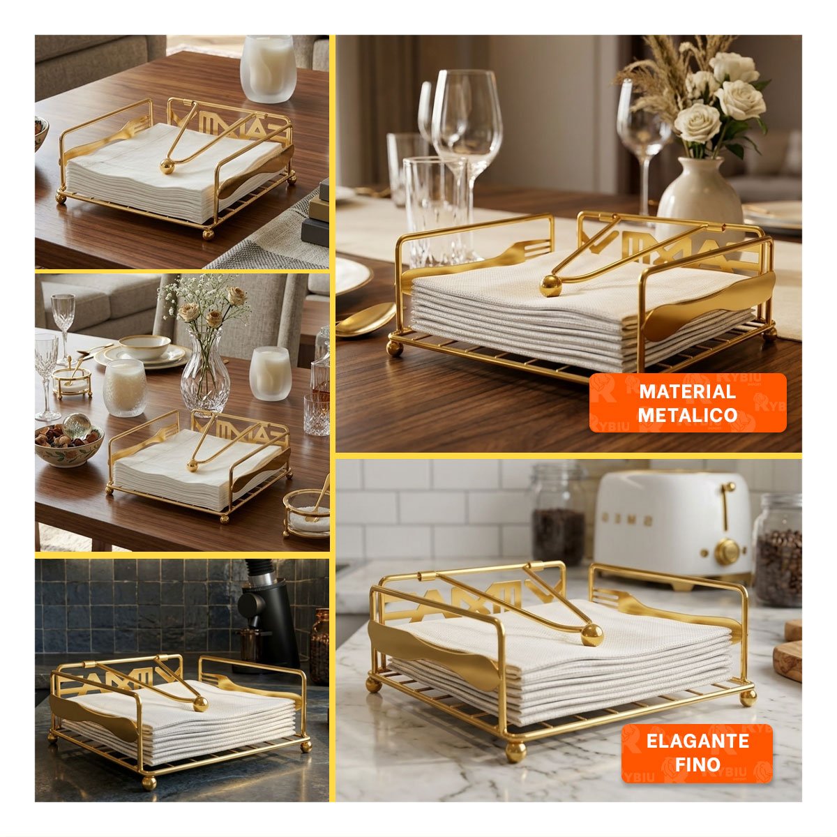 ORGANIZADOR DE SERVILLETAS CON BRAZO DISPENSADOR DORADO PARA COCINA Y+POST IT - 2
