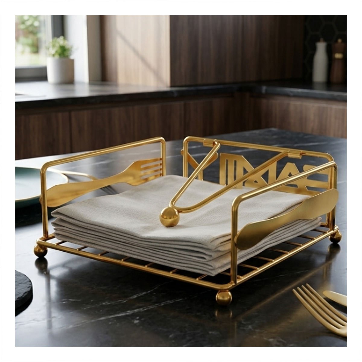 ORGANIZADOR DE SERVILLETAS CON BRAZO DISPENSADOR DORADO PARA COCINA Y+POST IT - 3