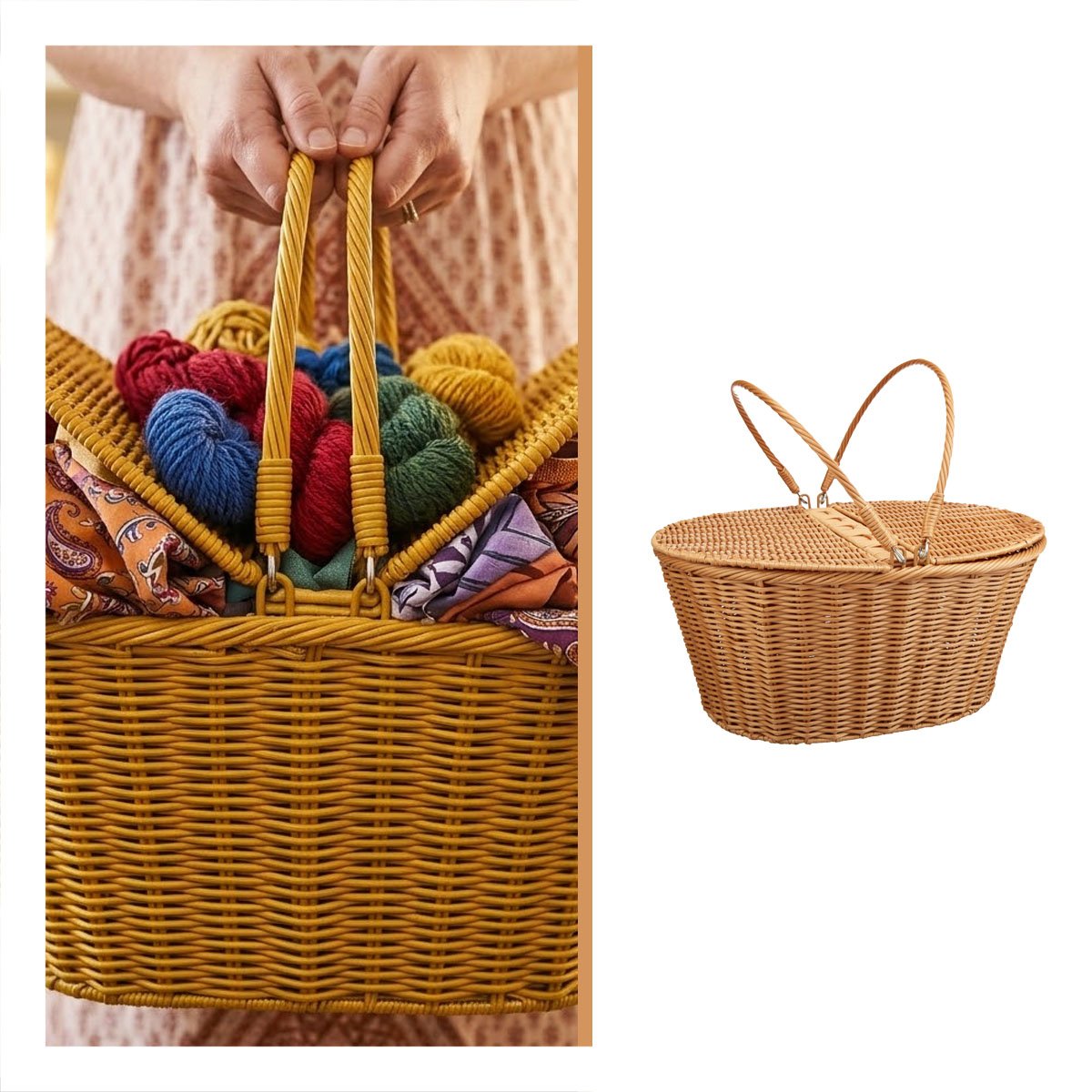 CESTA TEJIDA CON DOBLE ASAS Y TAPAS MOSTAZA 42X26X17CM ORGANIZADOR ROPA Y+PAPEL REGALO - 5