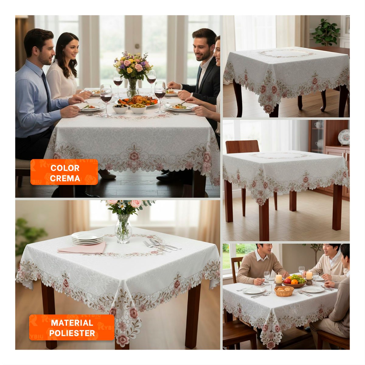 PACK6 TAPETE DE MESA 350X180CM CREMA CON BORDE BORDADO FLORES Y HOJAS PARA HOGAR Y+PAPEL REGALO - 3