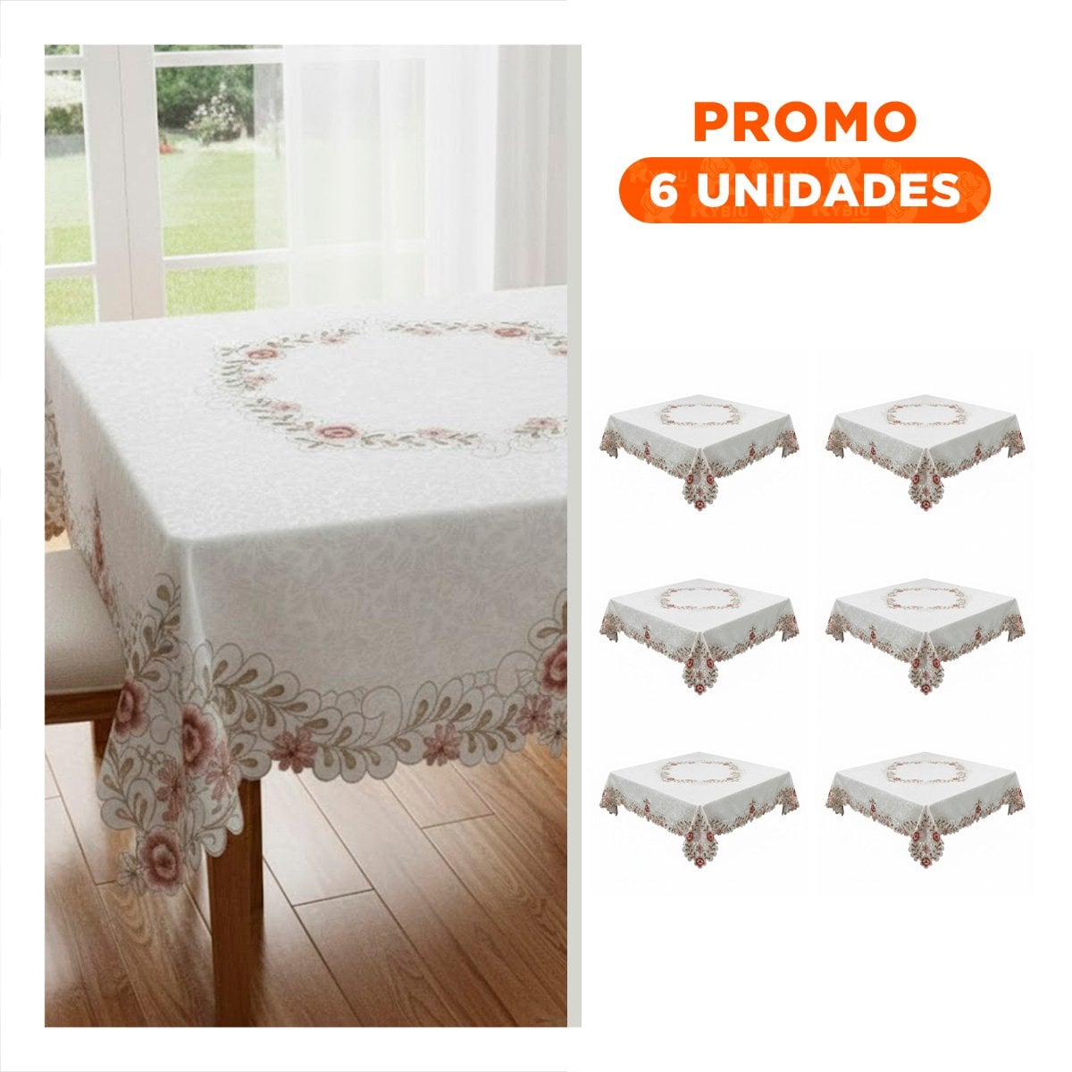PACK6 LIENZO DE MESA 350X180CM CREMA CON BORDE BORDADO FLORES Y HOJAS Y+REGALO STICKER - 1