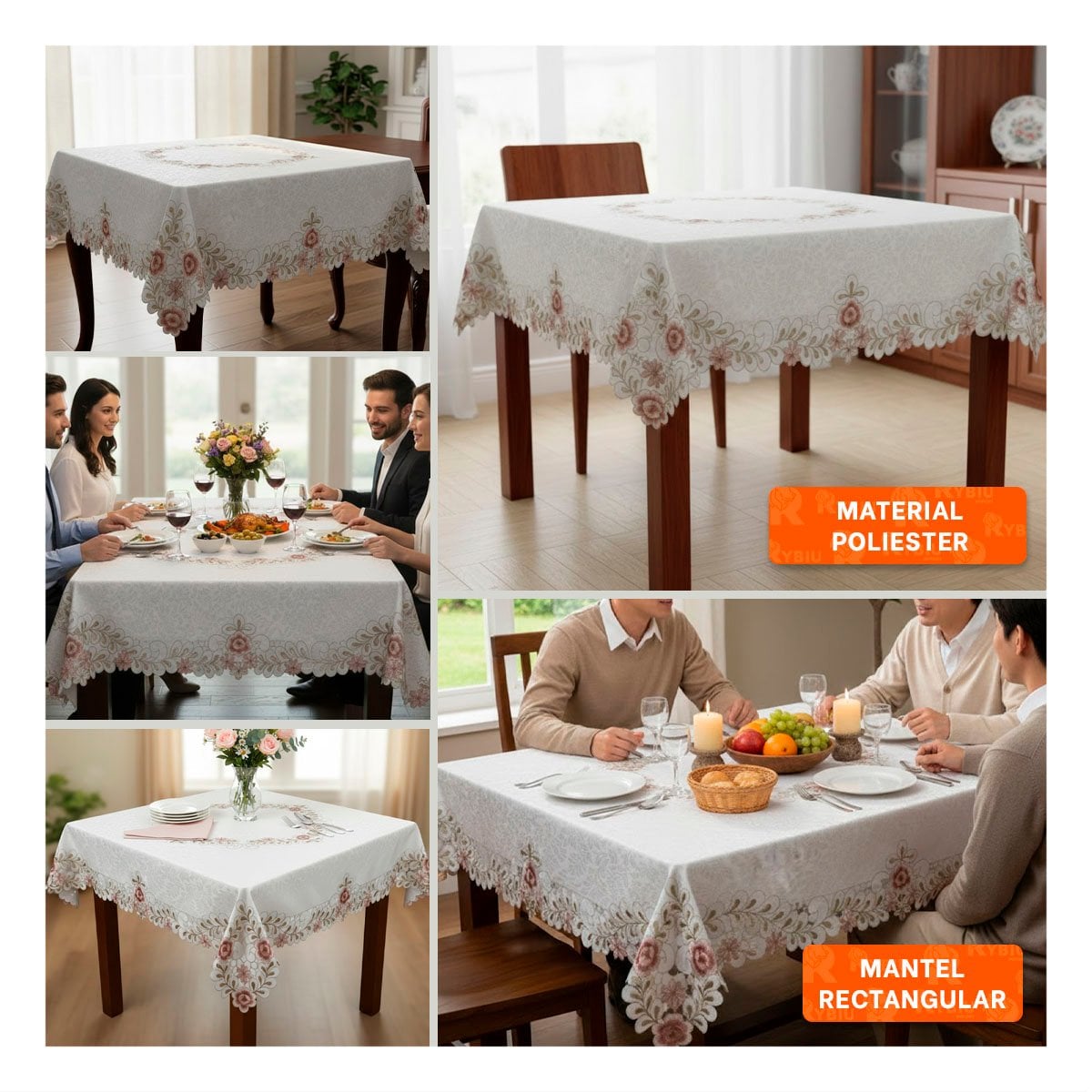 PROTECTOR DE MESA CON BORDE BORDADO FLORES Y HOJAS CREMA 350X180CM PARA COCINA Y+POST IT - 2