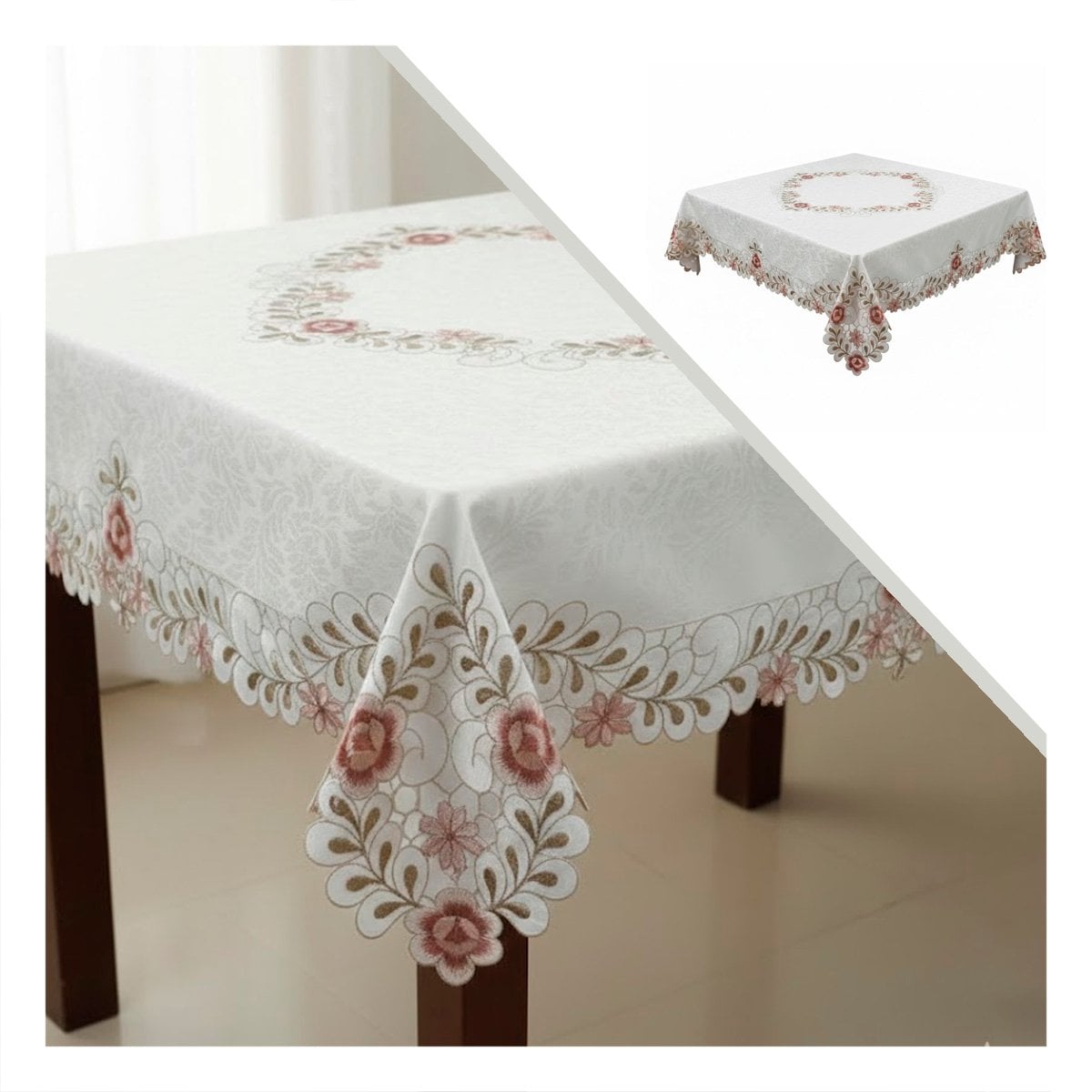 PROTECTOR DE MESA CON BORDE BORDADO FLORES Y HOJAS CREMA 350X180CM PARA COCINA Y+POST IT - 5