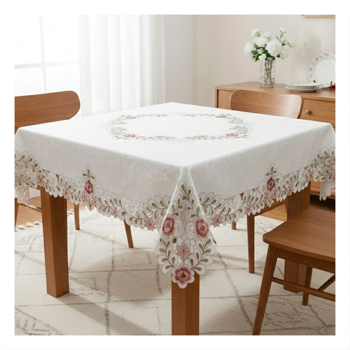 PACK2 MANTEL CON FLORES Y HOJAS BORDE BORDADO CREMA 350X180CM PARA MESA - 3