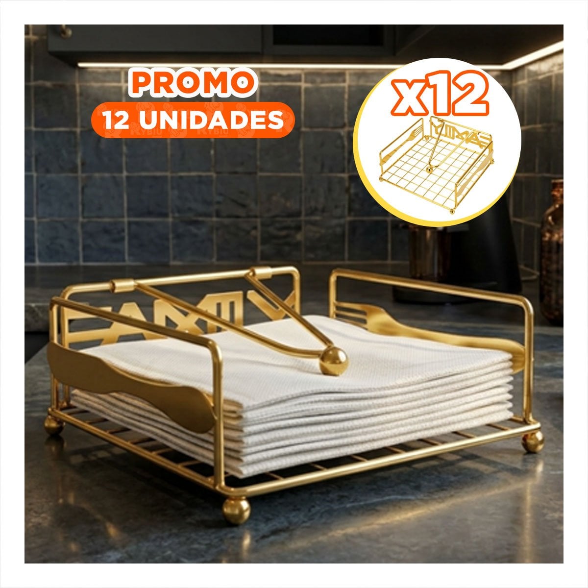 PACK12 ORGANIZADOR SERVILLETAS METAL DORADO CON BRAZO PARA COCINA Y+REGALO STICKER - 1