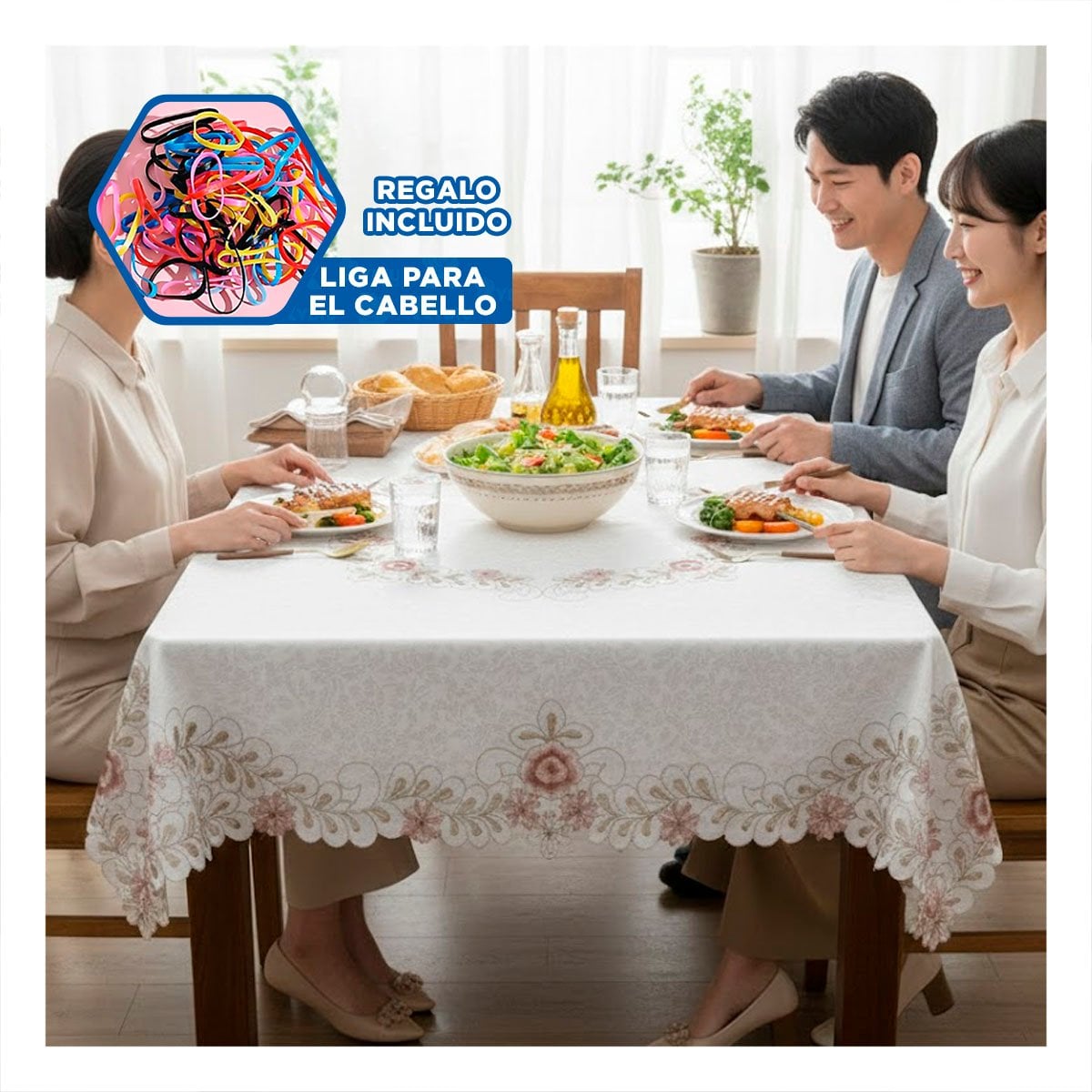 LIENZO DE MESA CON BORDE BORDADO FLORES Y HOJAS CREMA 350X180CM PARA EVENTOS Y+LIGAS REGALO - 2