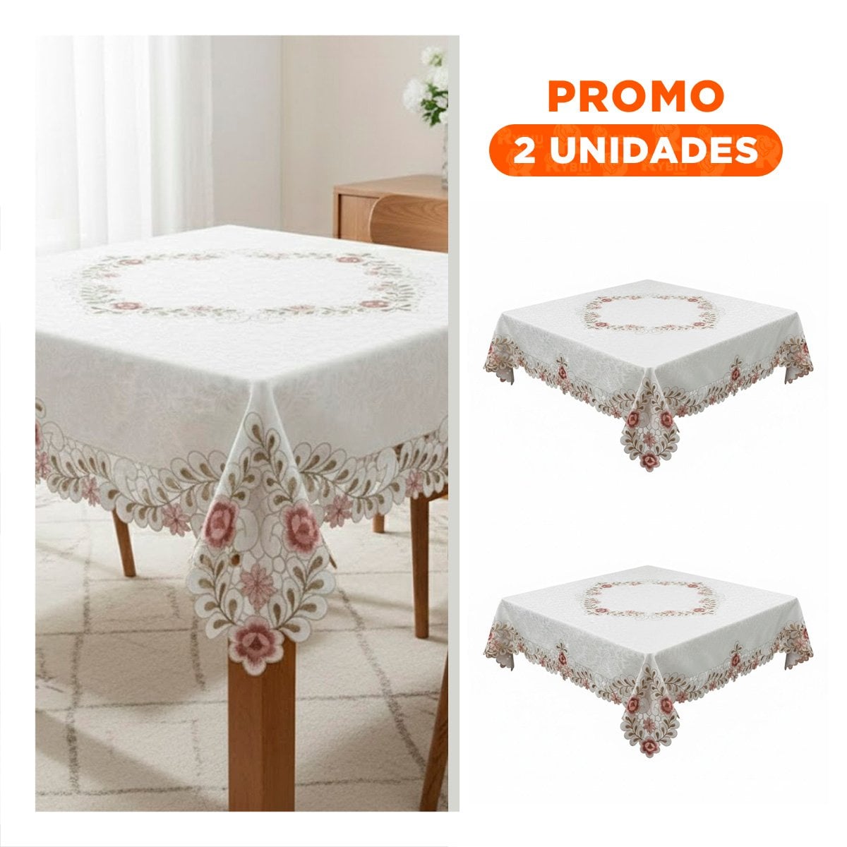PACK2 TAPETE DE MESA CON FLORES Y HOJAS BORDE BORDADO CREMA 350X180CM Y+REGALO STICKER - 1
