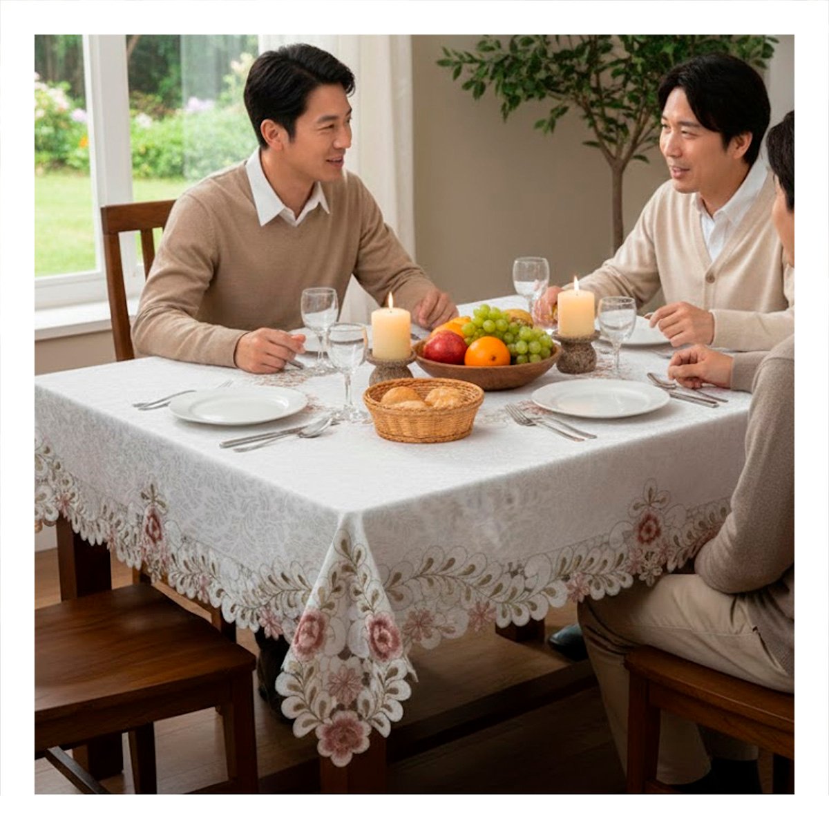 PACK2 TAPETE DE MESA CON FLORES Y HOJAS BORDE BORDADO CREMA 350X180CM Y+REGALO STICKER - 5