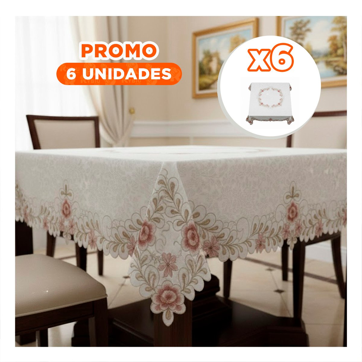 PACK6 CUBREMESA 350X180CM CREMA CON BORDE BORDADO FLORES Y HOJAS PARA COMEDOR - 1