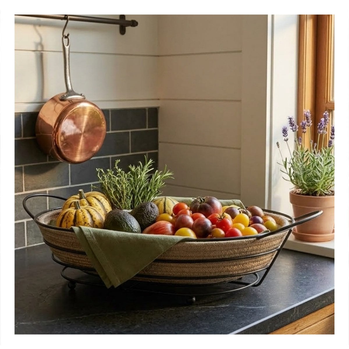 CESTA OVALADA CON MARCO DE METAL Y MIMBRE NEGRO FRUTERO DE COCINA Y+PAPEL REGALO - 1