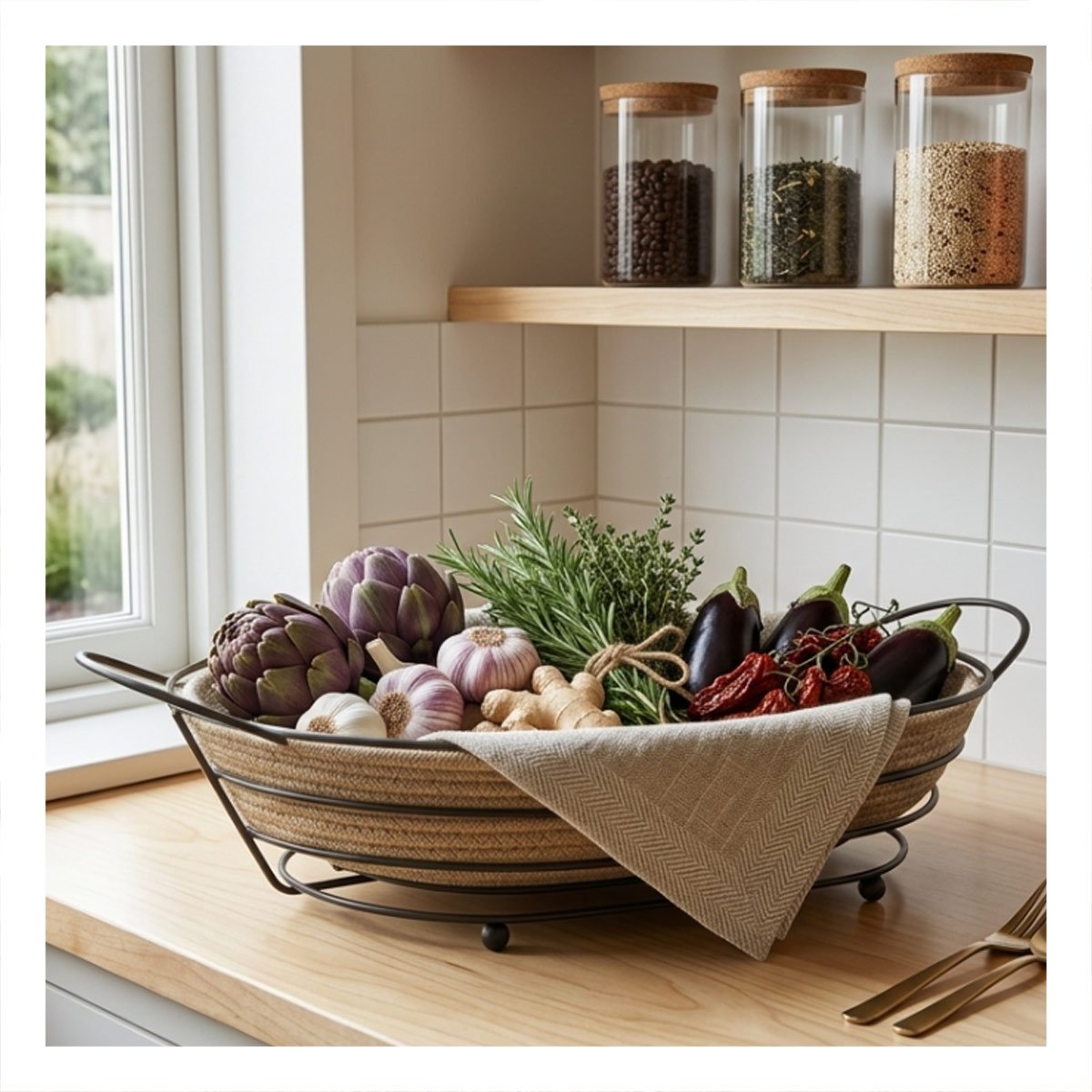 CESTA OVALADA CON MARCO DE METAL Y MIMBRE NEGRO FRUTERO DE COCINA Y+PAPEL REGALO - 2
