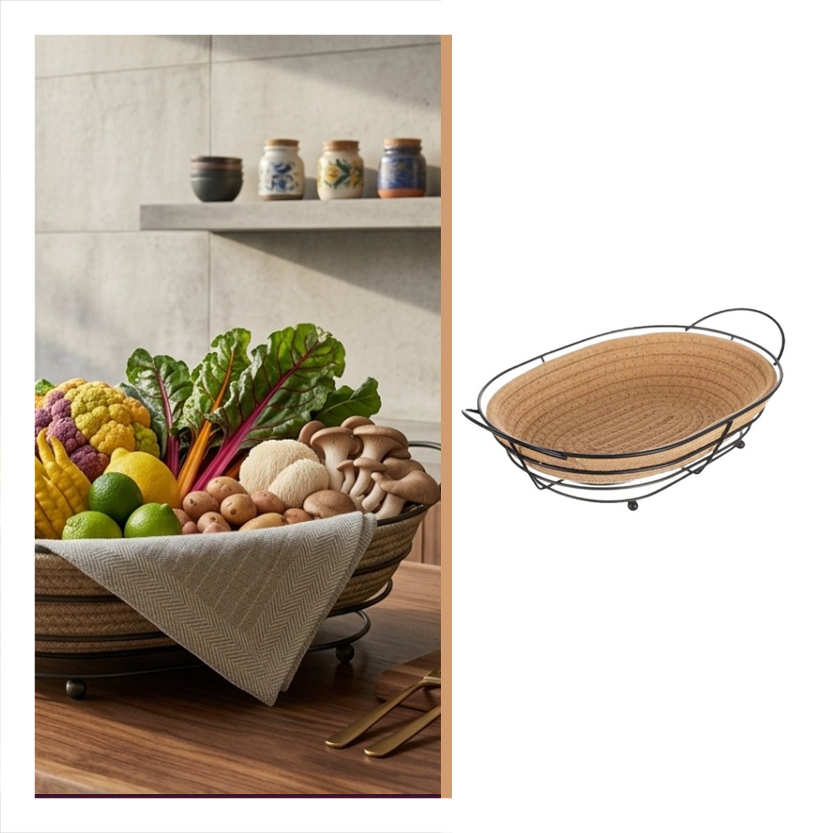 CESTA OVALADA CON MARCO DE METAL Y MIMBRE NEGRO FRUTERO DE COCINA Y+PAPEL REGALO - 5
