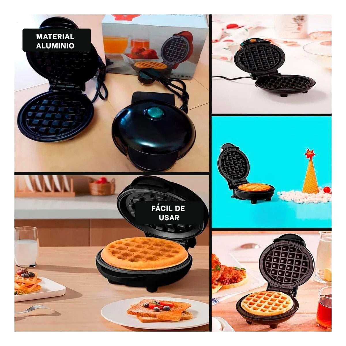 MINI WAFLERA CIRCULAR NEGRO CON TECNOLOGIA PARA COCINA Y PREPARACION FACIL DE POSTRES Y+POST IT - 2