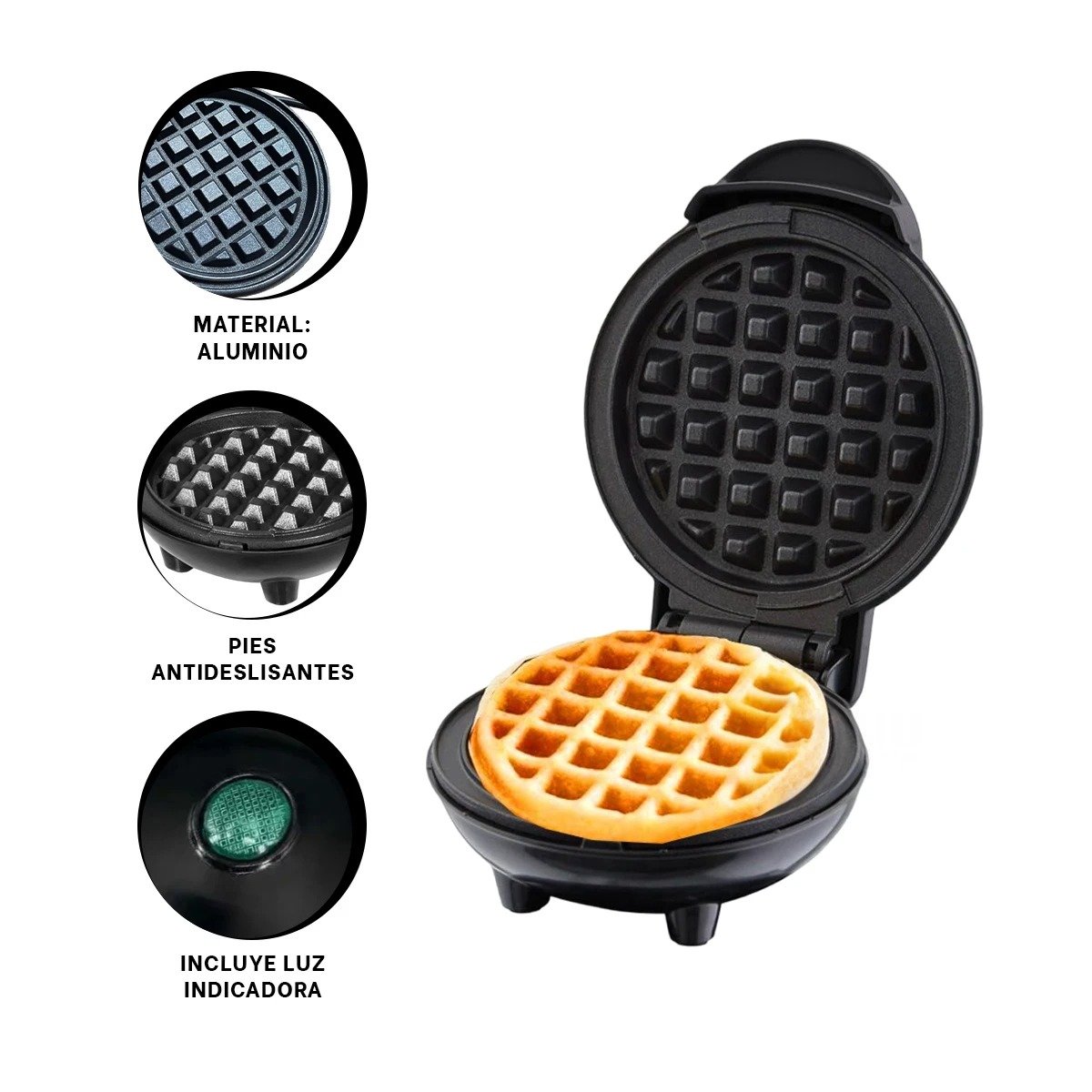 MINI WAFLERA CIRCULAR NEGRO CON TECNOLOGIA PARA COCINA Y PREPARACION FACIL DE POSTRES Y+POST IT - 5