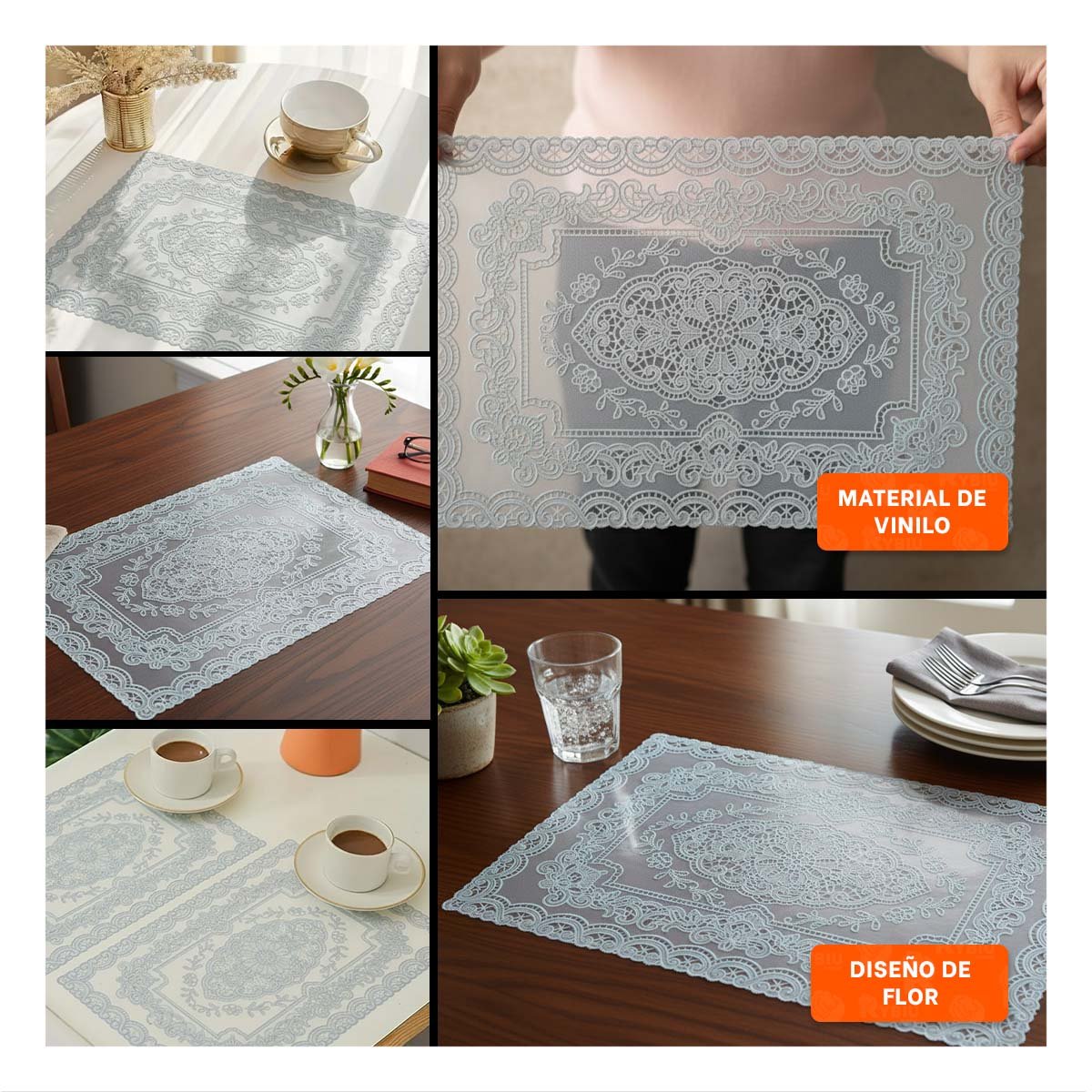 PACK4 CUBIERTA RECTANGULAR PLATEADA CON ENCAJE FLORAL Y RAMAS PARA MESA Y+REGALO STICKER - 2