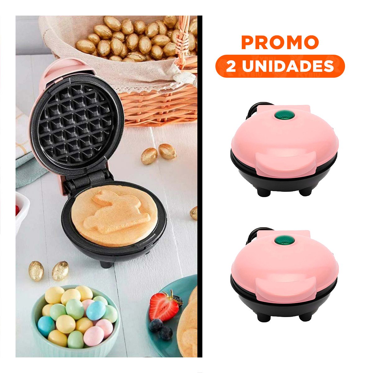 PACK2 PLANCHA PARA WAFFLES ROSADO CON LUZ LED PARA COCINA Y POSTRES UNIFORMES Y+REGALO STICKER - 1