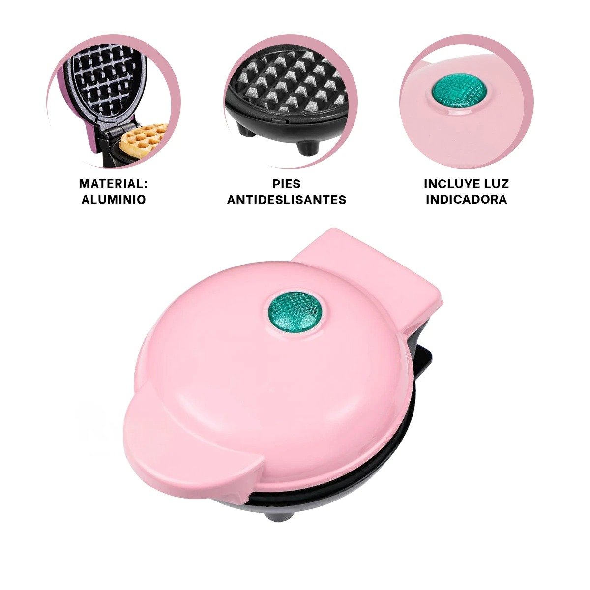 MINI WAFLERA CIRCULAR ROSADO CON LUZ LED PARA COCINA Y RESULTADOS UNIFORMES Y+PAPEL REGALO - 5