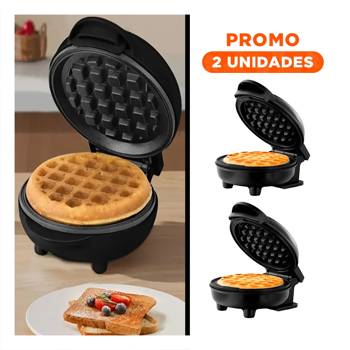 PACK2 PLANCHA PARA WAFFLES NEGRO CON LUZ LED PARA COCINA Y POSTRES UNIFORMES Y+REGALO STICKER - 1