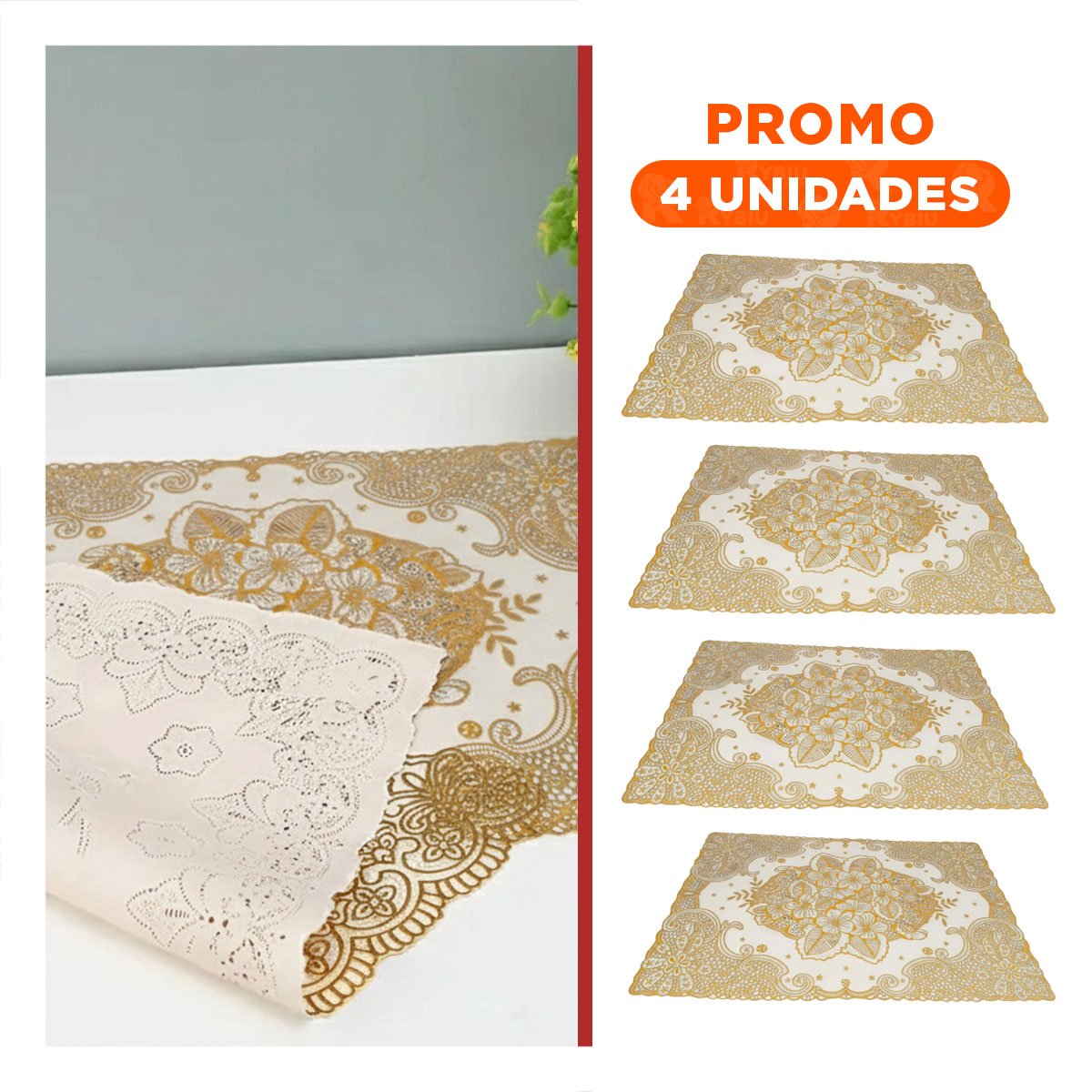 PACK4 CUBIERTA MODERNA DORADO CON DETALLE DE ENCAJE FLOR PARA CELEBRACION - 1